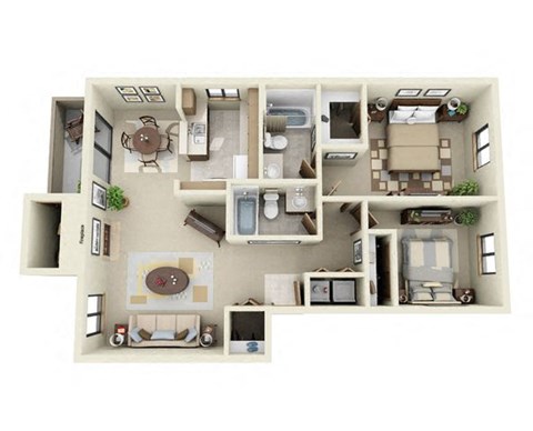 Floor plan for 2 beds, 2 baths, 939 sqft